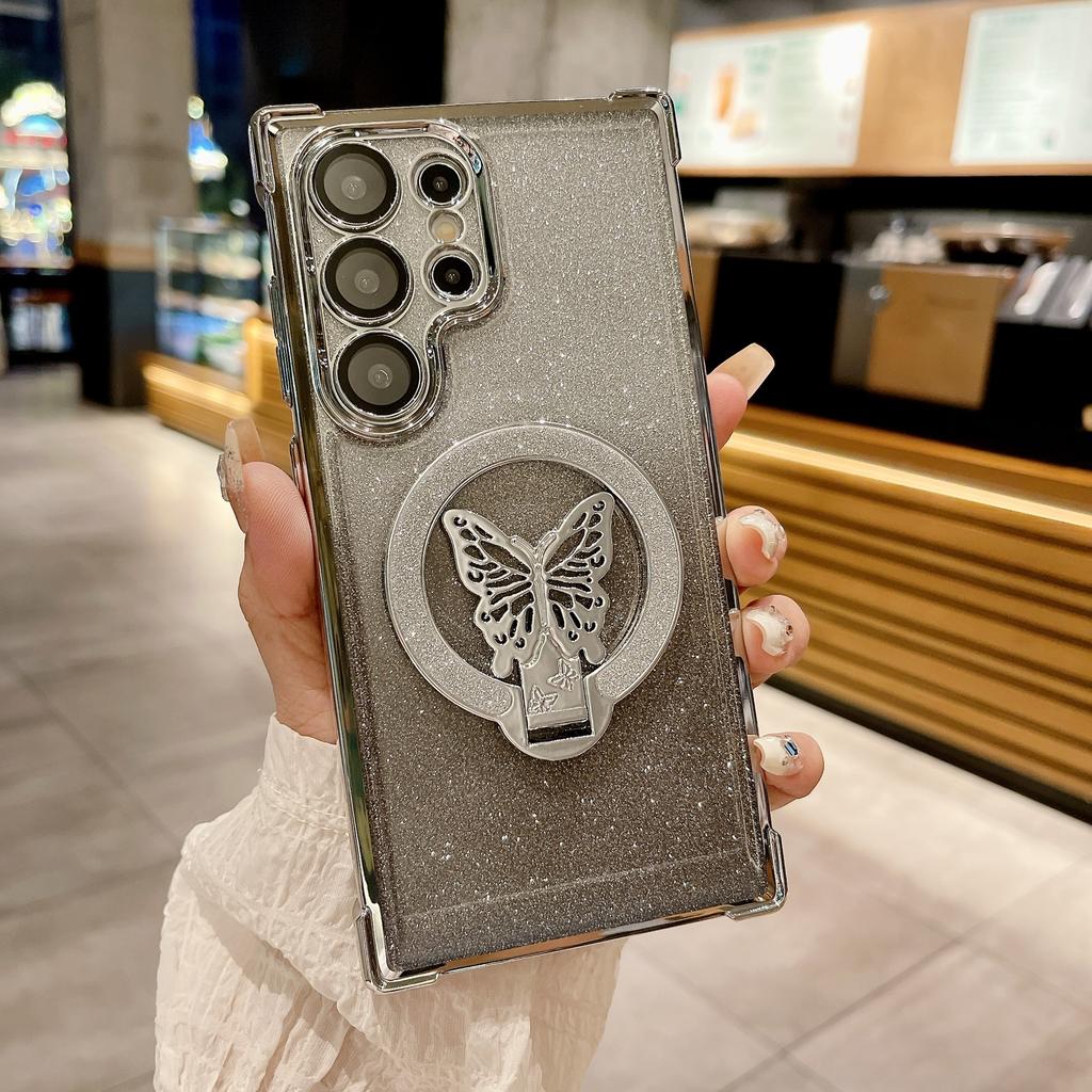 Samsung S25FE Butterfly Flashing Powder Bracket Magnetic Suction Mobile Phone Case Suitable for S24 Four Corner Airbag Anti Fall A06 Protective Case