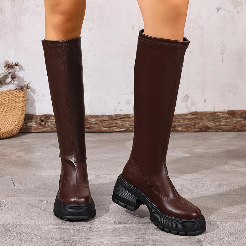 Chunky Platform Black Knee High Boots Women Fashion Back Zipper Pu Leather Long Boots Woman Thick Sole Motorcycle Botas Mujer