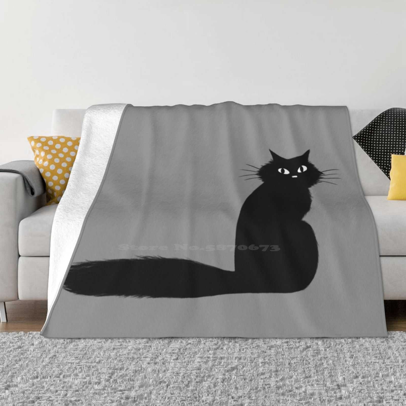 Black Kitty Cat With Long Fluffy Tail Top Quality Comfortable Bed Sofa Soft Blanket Black Cats Halloween Cat Funny Cute Kitty 30x40in