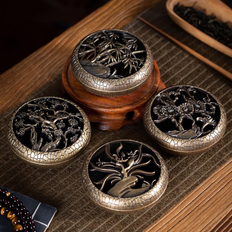 Brûleur d'encens antique avec couvercle creux, porte-bobine anti-moustiques en métal et bambou, orchidée prune, plaque de poêle à encens en bois de santal pour la maison