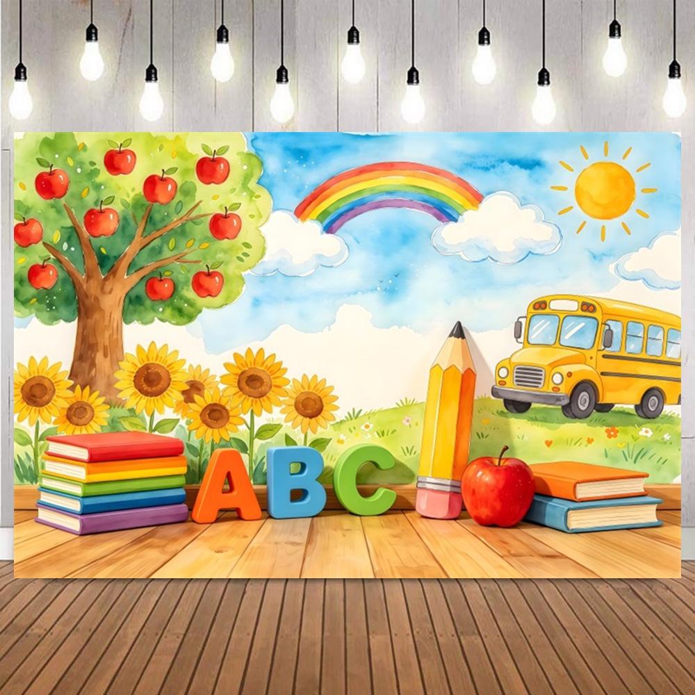 Back to School Rainbow Balloon Backdrop Stationery Pencil Ruler Backpack Globe Kids First Day of School Party Photo Backgrounds