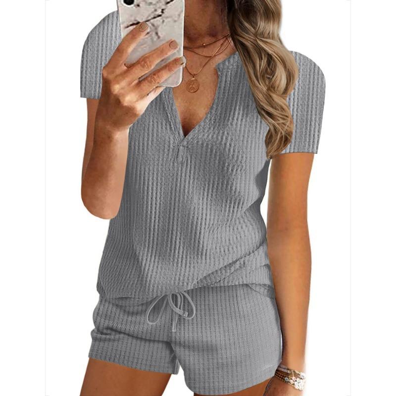 Women's Plus Size Fashion Casual Solid Colour Summer V-Neck Short Sleeve Top Shorts Suit