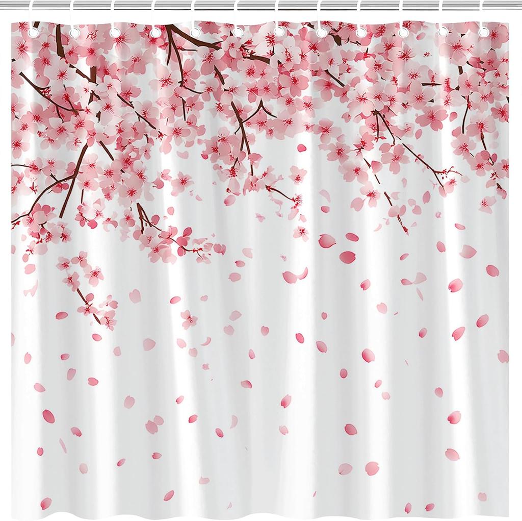 Japanese Cherry Blossom Shower Curtain Pink Floral Plum Blossom Flower Twig Weeping Falling Petals Romantic Spring Asian Garden