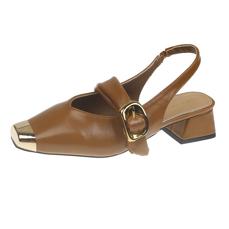 Fashion Spring New Baotou Sandals Women's Fashion Metal Square Head Shallow Mouth Line with Soft Sole Non-slip Low Heel Shoes