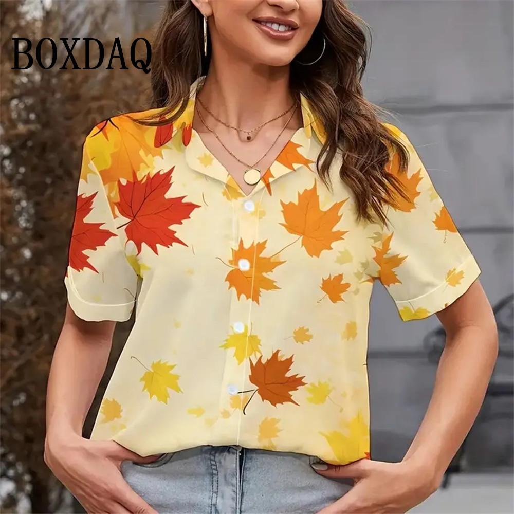 Elegant Women's Blouses Red Maple Leaf Short Sleeve Lapel Shirts Casual Vintage Button Summer Beach Simple Fashion 3D Print Tops