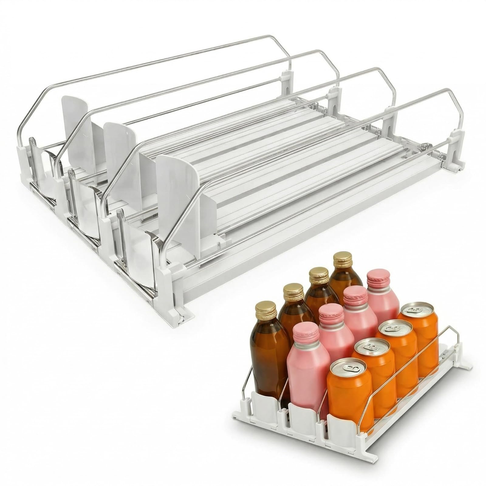 

Automatic drink dispenser, beverage rack, counter, refrigerator storage rack, compatible with 350ml and 500ml cans, adjustable width, holds 12-15 cans