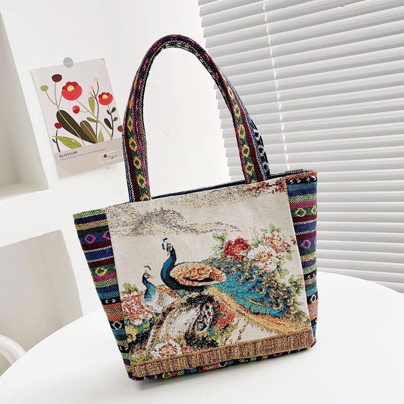 Handbag bag women go out canvas bag large capacity flower bird pattern handbag women's ethnic style handbag