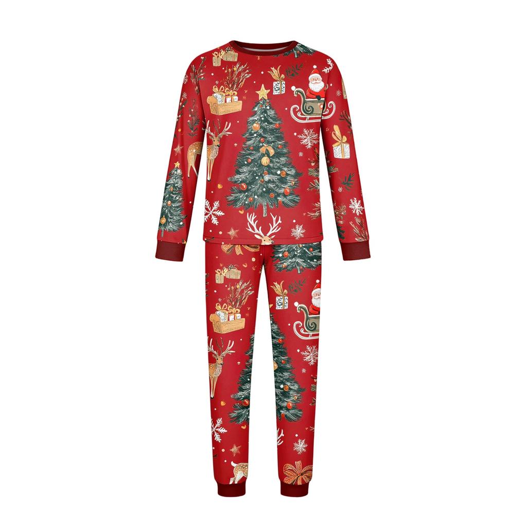 Christmas Print Family Matching Pajama Set Long Sleeve Round Neck Sleepwear for Parent and Kid