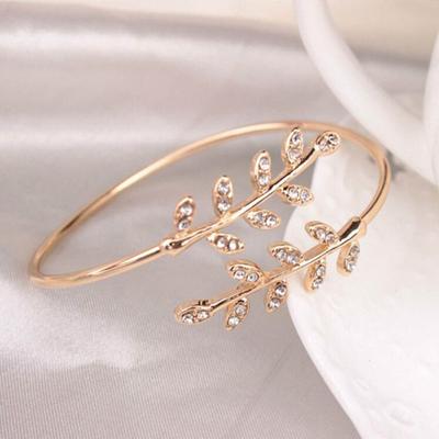 Mulheres strass incrustadas folha ajustável abertura pulseira pulseira jóias
