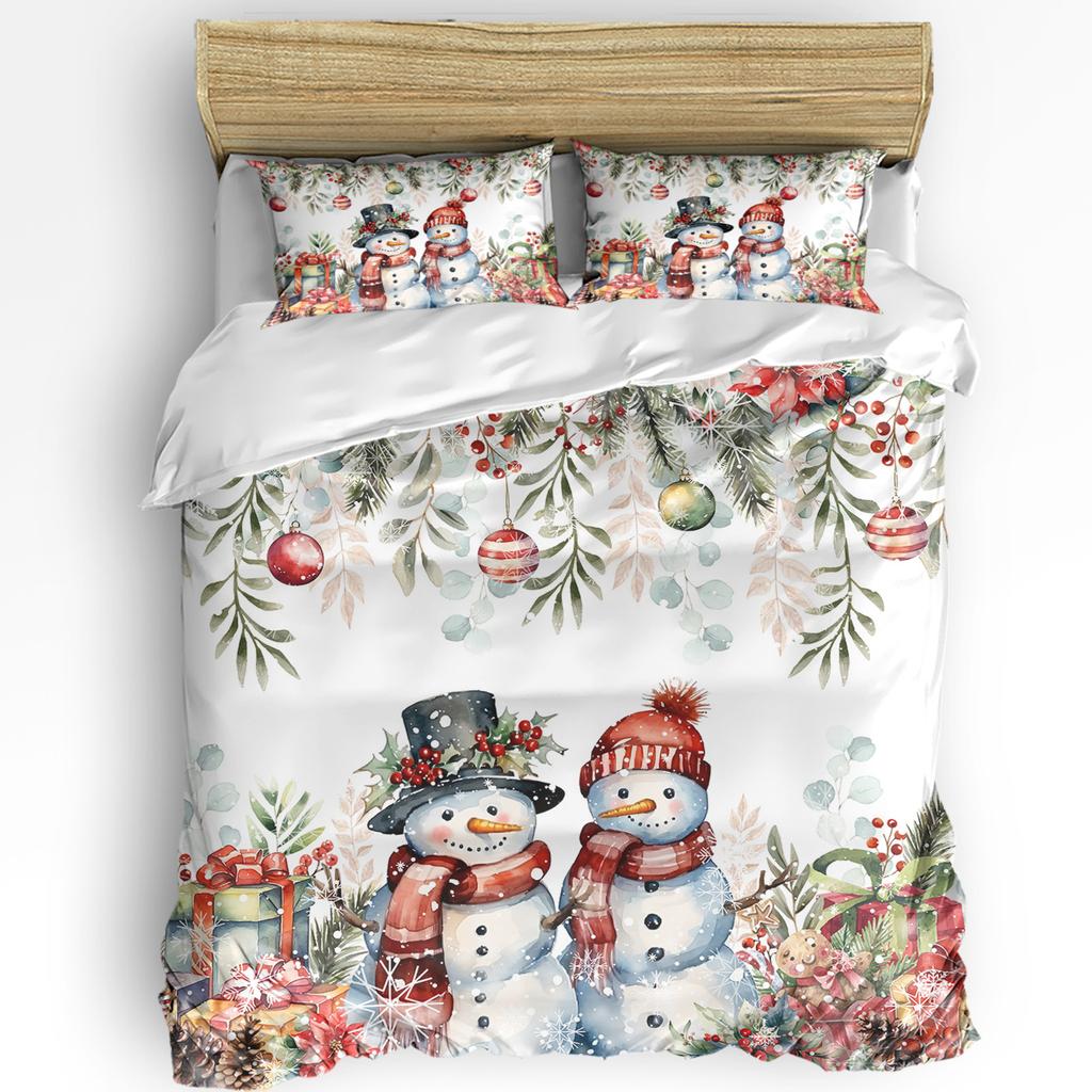 Christmas Poinsettia Ball Fir Leaves Snowman 3pcs Bedding Set For Double Bed Home Textile Duvet Cover Quilt Cover Pillowcase