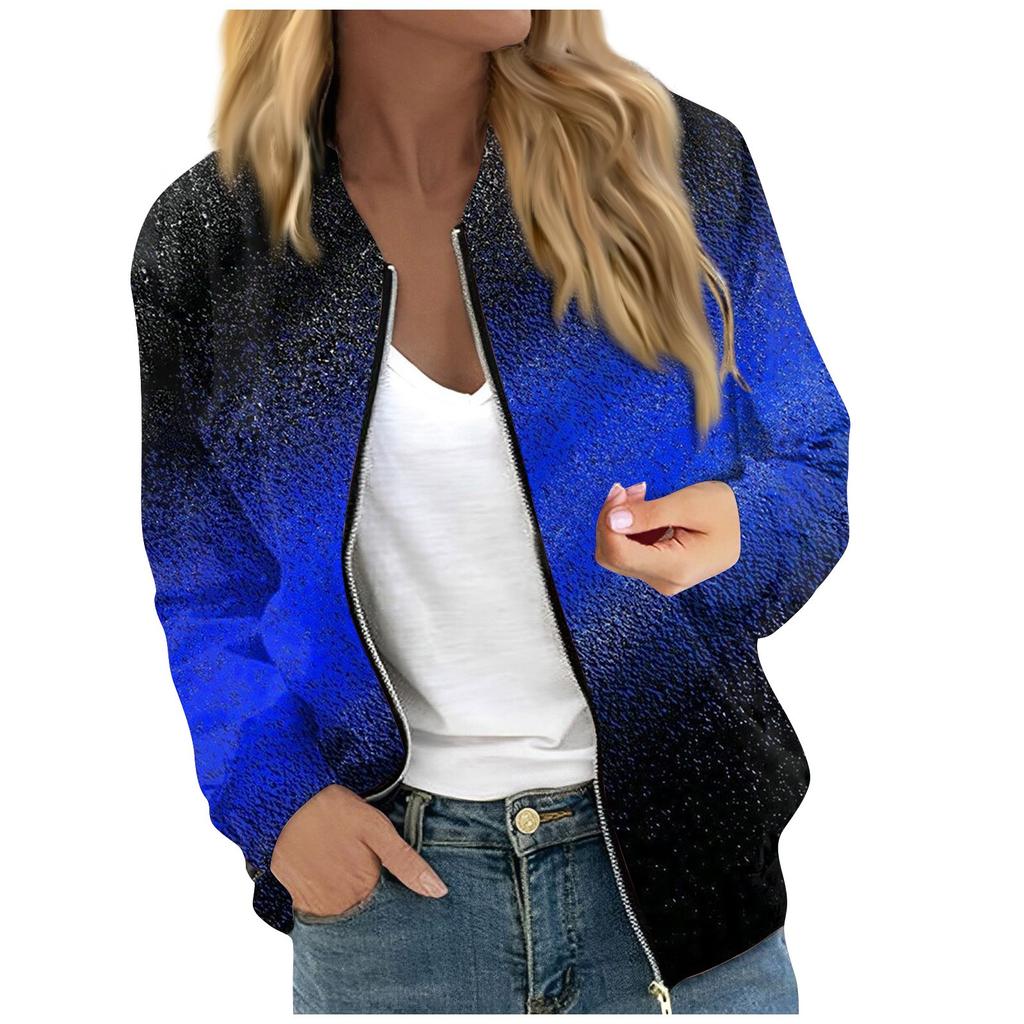 Women's Fashionable Casual Long Sleeve Color/Gradient Print Round Neck Zipper Jacket
