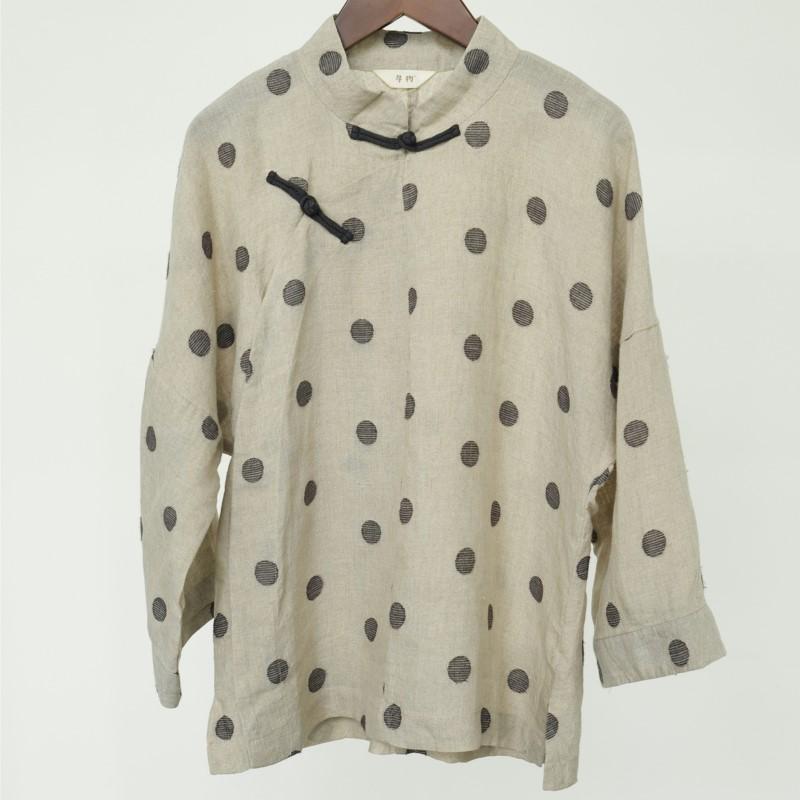 

Johnature Женские винтажные льняные рубашки в горошек, топы с длинными рукавами и весенними блузками на пуговицах в китайском стиле One Size бежевый