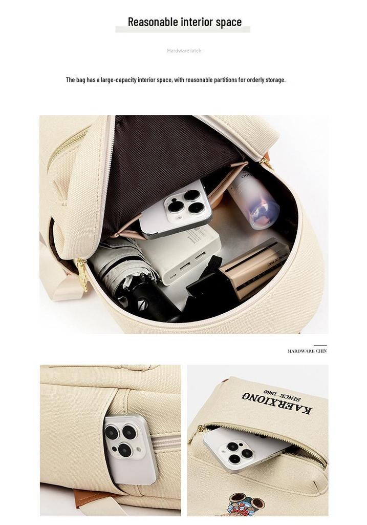 Korean Style Cute Bear Embroidery Backpack for Women - Large Capacity Soft Leather, Fashionable Casual Travel Bag