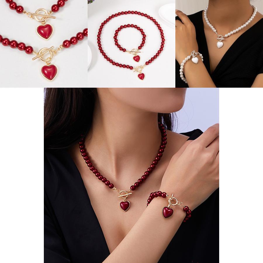 Heart Shaped Pearl Necklace And Bracelet Set For Women With Handcrafted Design For Fashionable Office Wear