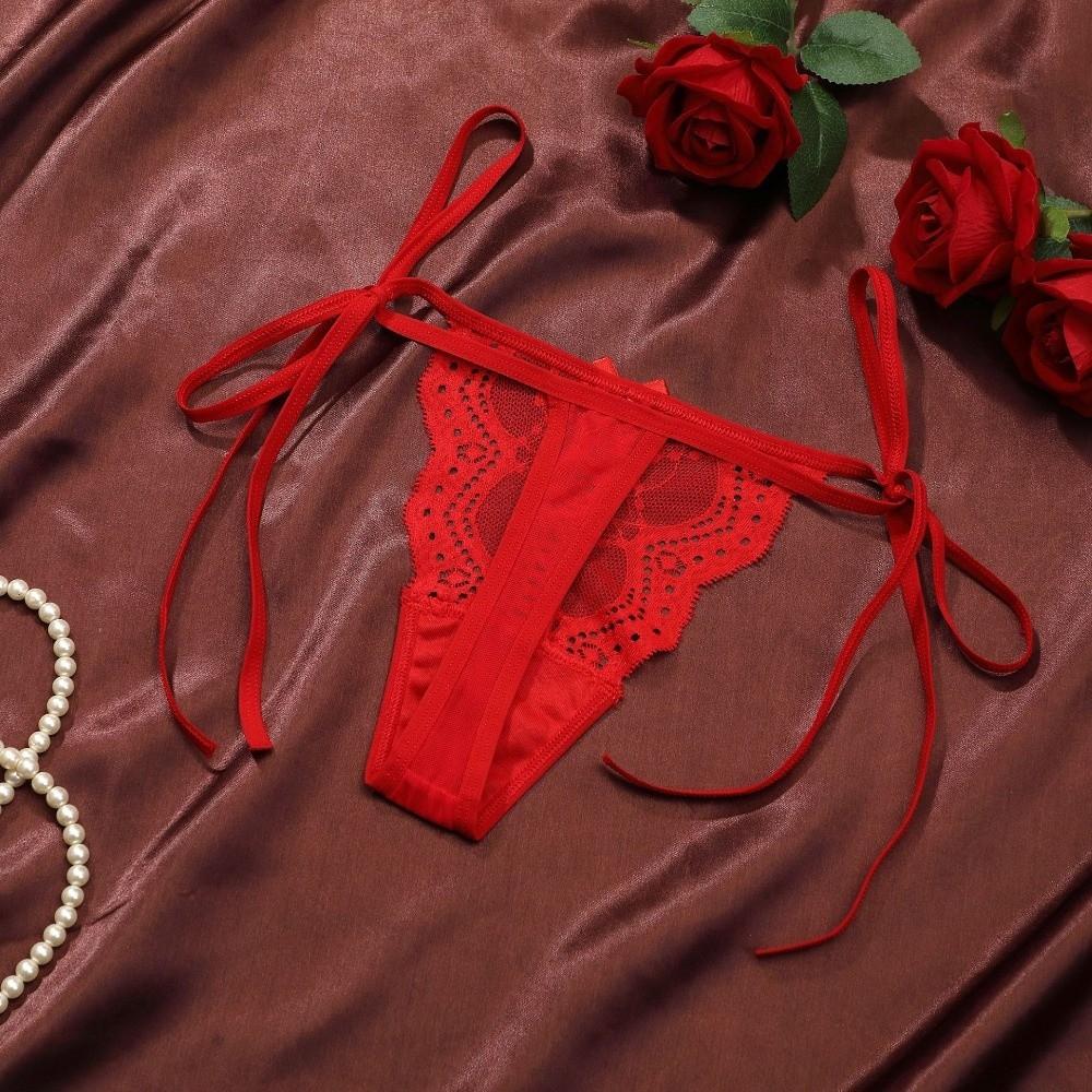 Adjustable Waist Strap Bow Lace Flower Transparent Briefs Low Waist Romantic T Panties Gift