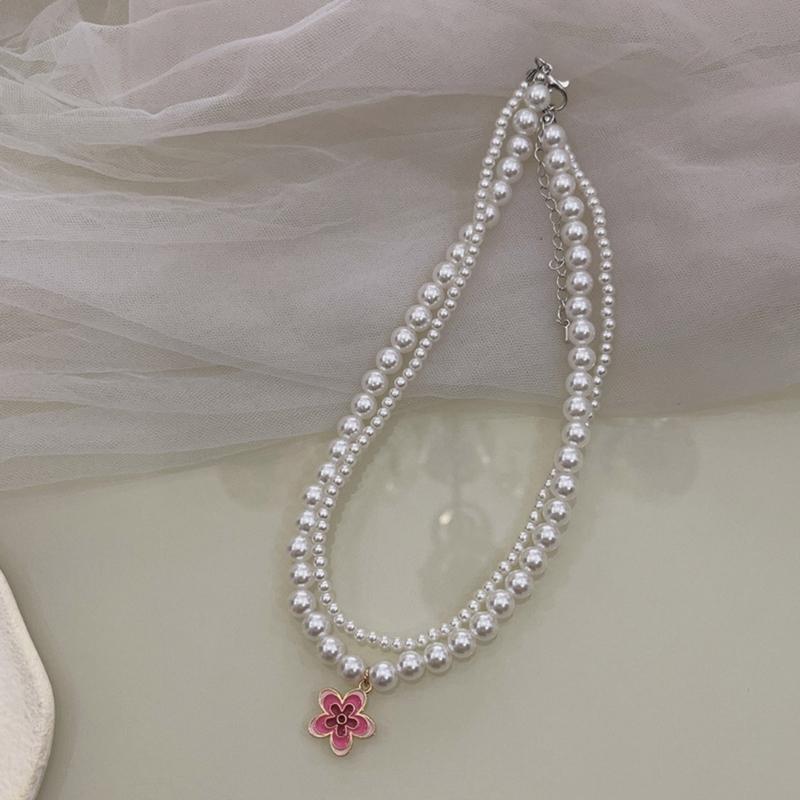 Y2K Style Double Layered-Pearl Clavicle Chain Flower Pendant Choker Necklace Fashion Jewelry Gift Dainty Beaded Necklace