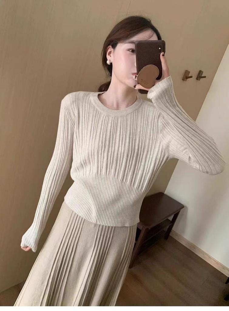 Waist-cinching design slimming crew neck knit base shirt, autumn/winter new solid color casual inner knit sweater for women