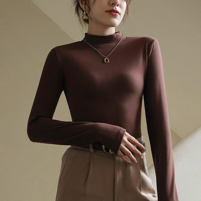 

Плюс бархатная нижняя рубашка женская осенне-зимняя утолщенная полувысокая шея с длинными рукавами однотонный пуловер теплая футболка XXL кофейный