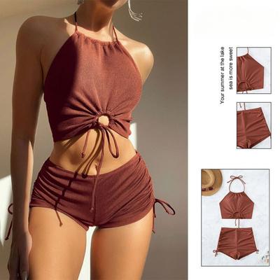 European and American Solid Color Strap Bikini Halter Bikin Split Swimsuit