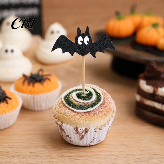 Safe Food-grade Cake Topper 8 Pcs Halloween Bat Cupcake Toppers, Black Thick Glitter Paper Picks for Halloween, Baby Shower, Birthday Party Decoration