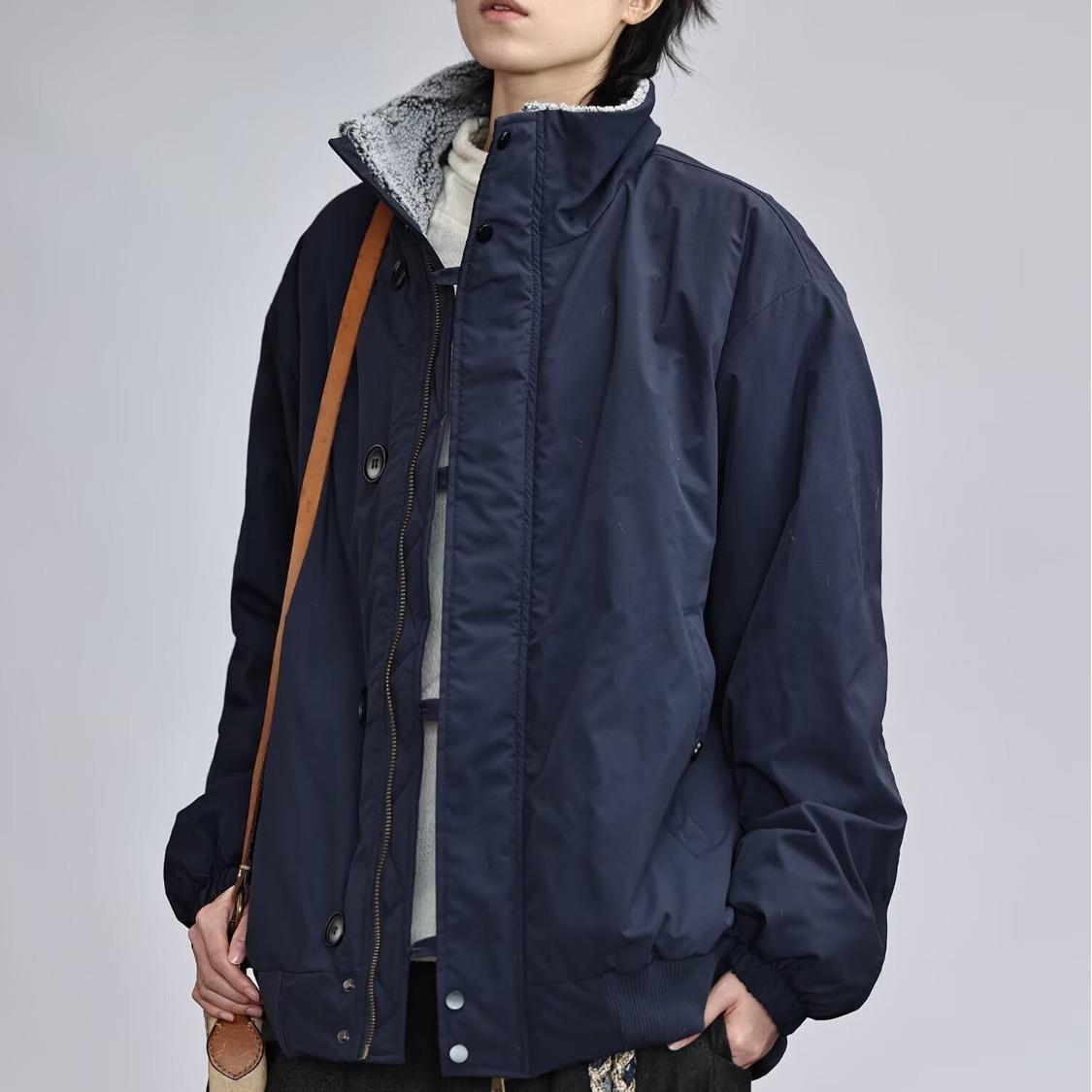 

Унисекс, Осенняя, Ретро, Водонепроницаемая, С воротником-стойкой, Спортивная куртка, Однотонная, Свободный крой. Double Extra Large темно-синий