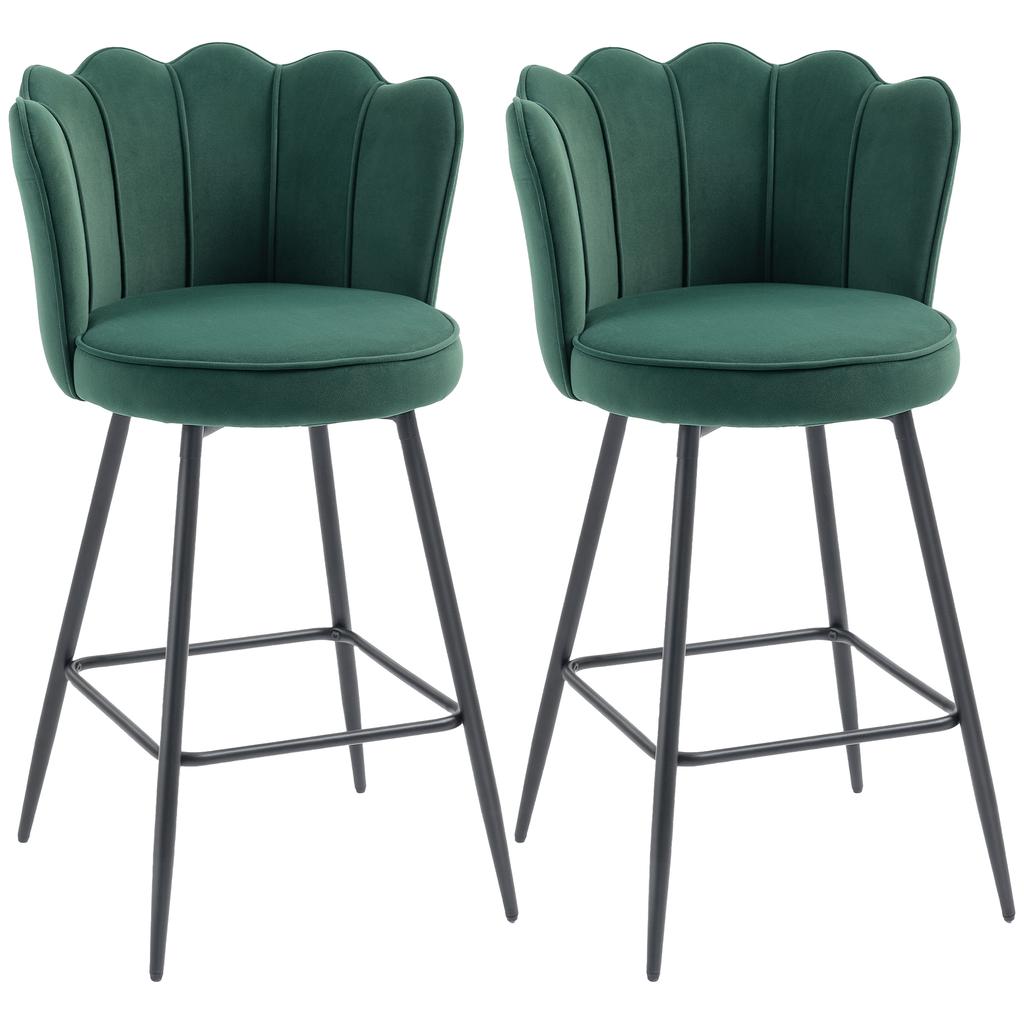 Set of Two Velvet-Feel Lotus Bar Stools - Dark Green