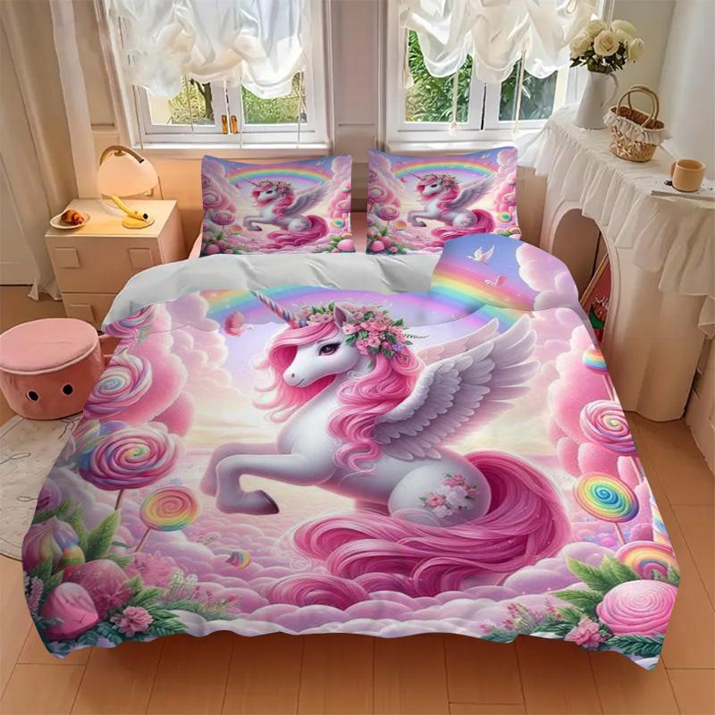 Rainbow Unicorn Fantasy Print 3Pcs Bedding Setduvet Cover With 2 Bedropillowcase Home Birthday Gift