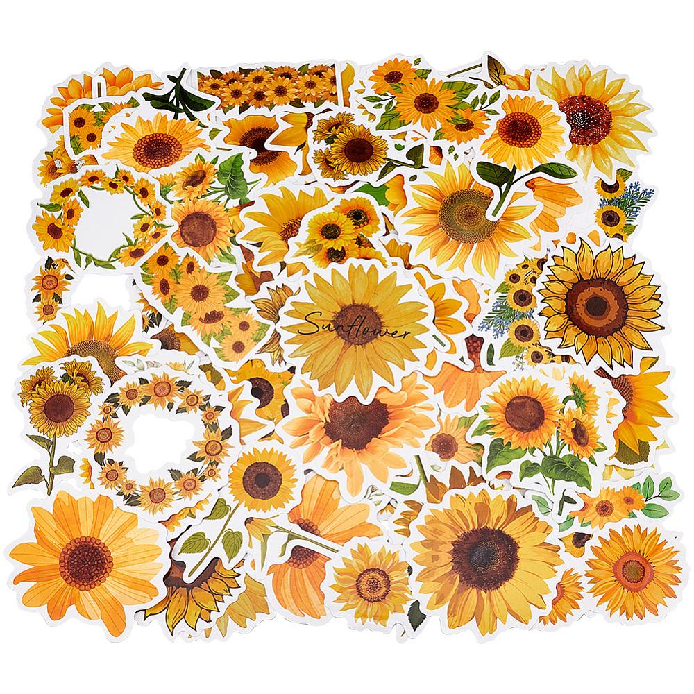1box Waterproof PVC Self-Adhesive Stickers for Suitcase Skateboard Refrigerator Helmet Mobile Phone Shell Sunflower Pattern 60~80mm 100pcs/box