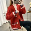 Herbst Damen V-Ausschnitt Farbkontrast Strickjacke Pullover Mantel Ochsenhornknopf Locker Kringel Vielseitig