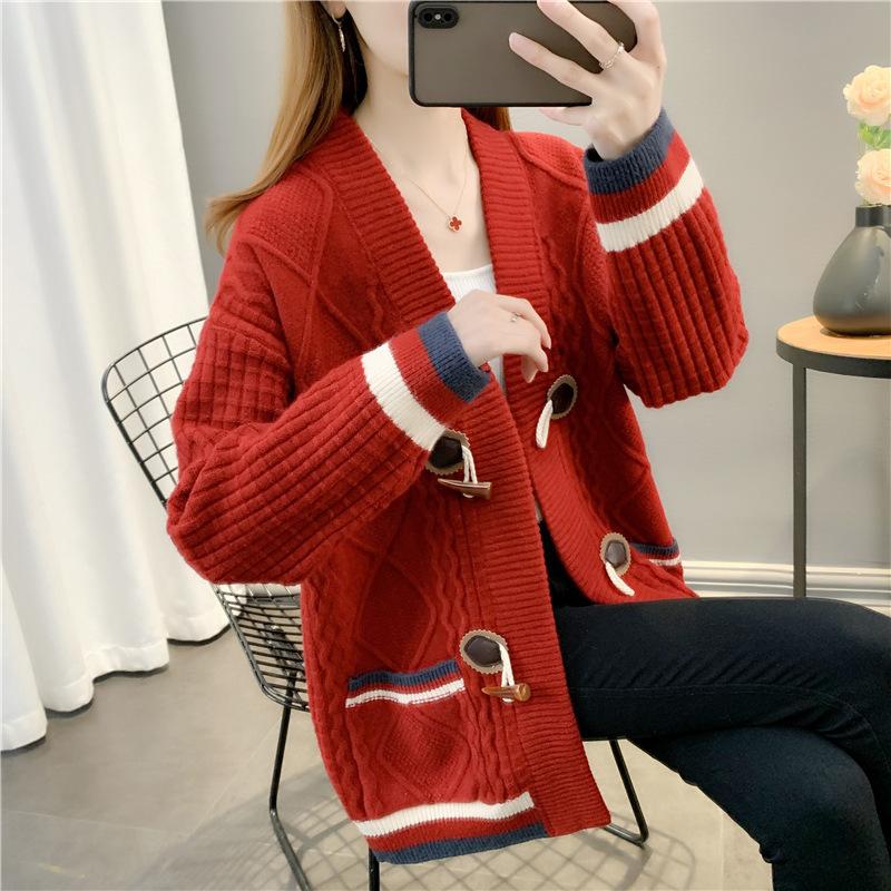 Herbst Damen V-Ausschnitt Farbkontrast Strickjacke Pullover Mantel Ochsenhornknopf Locker Kringel Vielseitig