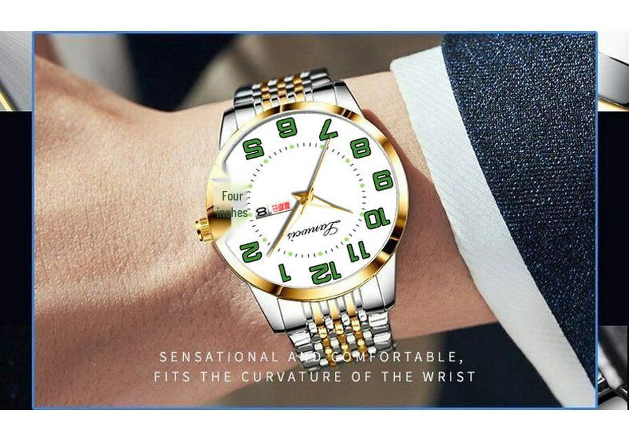 Men's Large Dial Digital Quartz Watch, Steel Band, Dual Calendar In English & Chinese, Waterproof - Ideal for Seniors