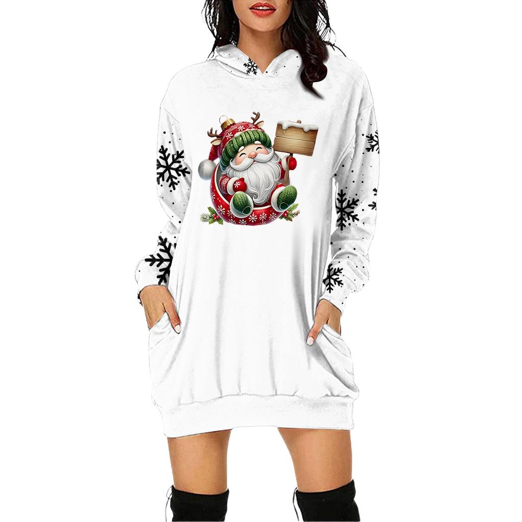 Rochie Pulover cu Glugă și Mâneci Lungi cu Buzunar și Imprimeu de Crăciun pentru Femei