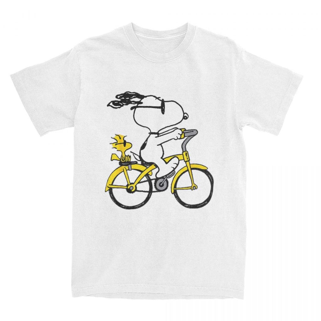 Miniso Peanuts Snoopy  Woodstock Riding Bike TShirt Men Women Leisure Cotton Tee Shirt O Neck T Shirts Gift Idea Clothing