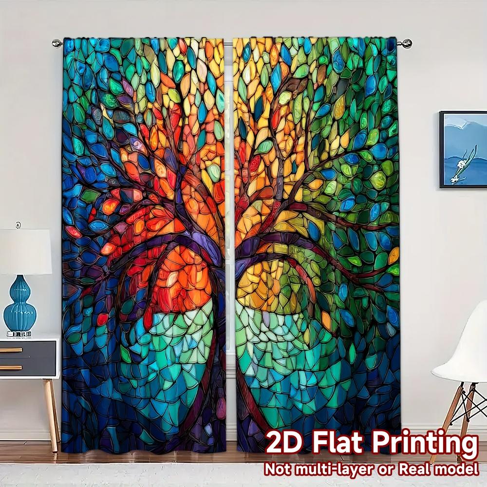 

2pcs 2D FLAT PRINTING Curtains (Without Rod) Colorful Tree Mosaics Popular Curtain Cloth Machine Washable Fabric Curtains 100*130 HOOK 1pcs