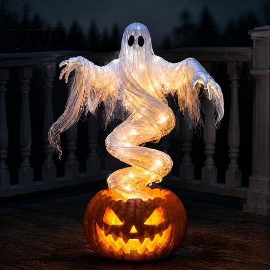 Decorative Yard Art for Halloween Swirling Ghost Pumpkin Lamp, Lighted Spooky Lamps Statue, Warm LED Outdoor Decoration Porch Garden Lawn Decorations