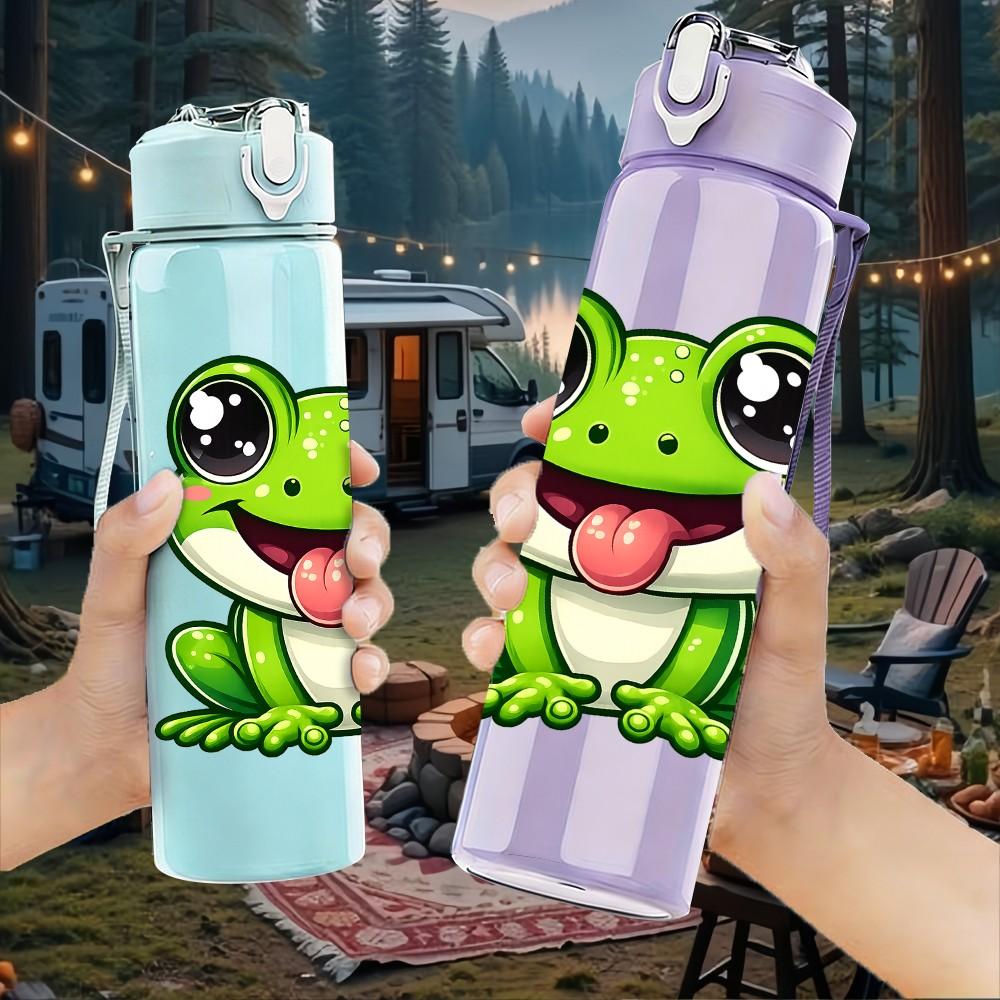 1PC Cute Smiling Green Frog Cartoon Print 750ml Color Plastic Sports Water Bottle Leakproof Flip Straw Lid Suitable for Sports Office Home Use