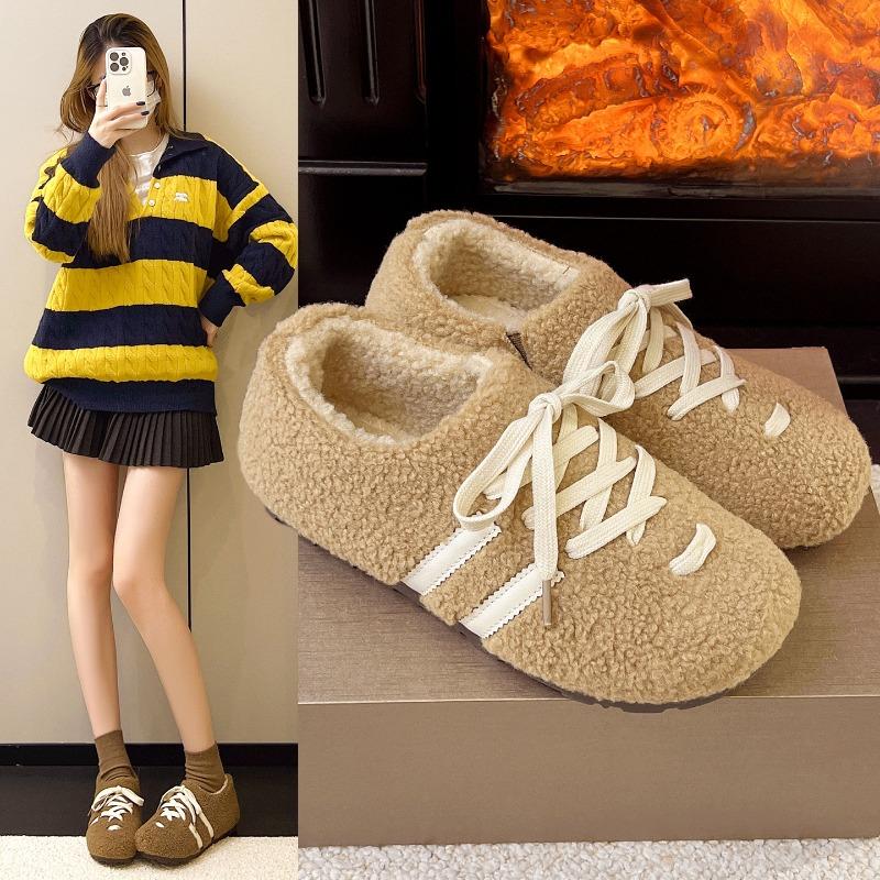 Winter New Velvet Thickened Warm Lace-up Fluffy Shoes Women's Non-slip Soft Sole Retro Fashionable Versatile Doudou Cotton Shoes