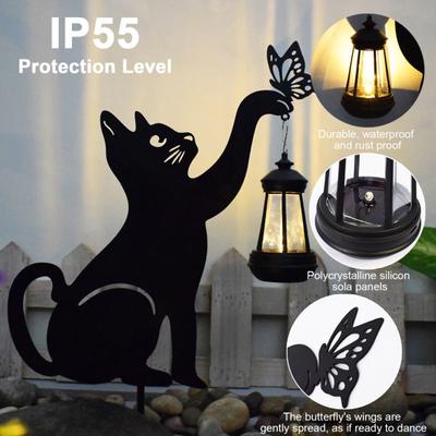 Lanterne solaire en forme de chat mignon avec lumière LED chaude, lampe de décoration extérieure étanche et antirouille avec piquet de sol pour jardin, cour, pelouse
