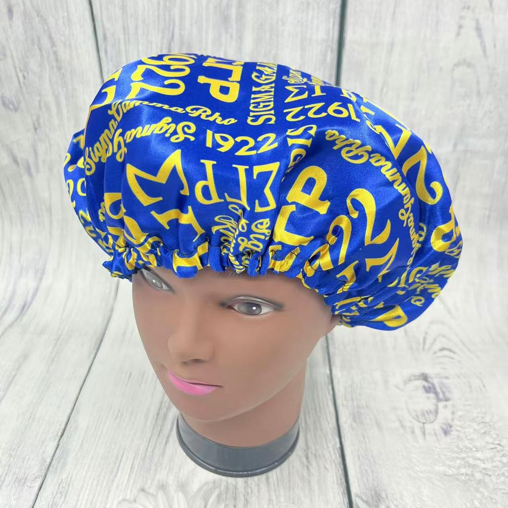 Sigma Gamma Rho Yellow Color Blue Greek Letter Campus Sorority Hair Stain Bonnets 1922 SGRho Letters Night Sleep Hat for Lady