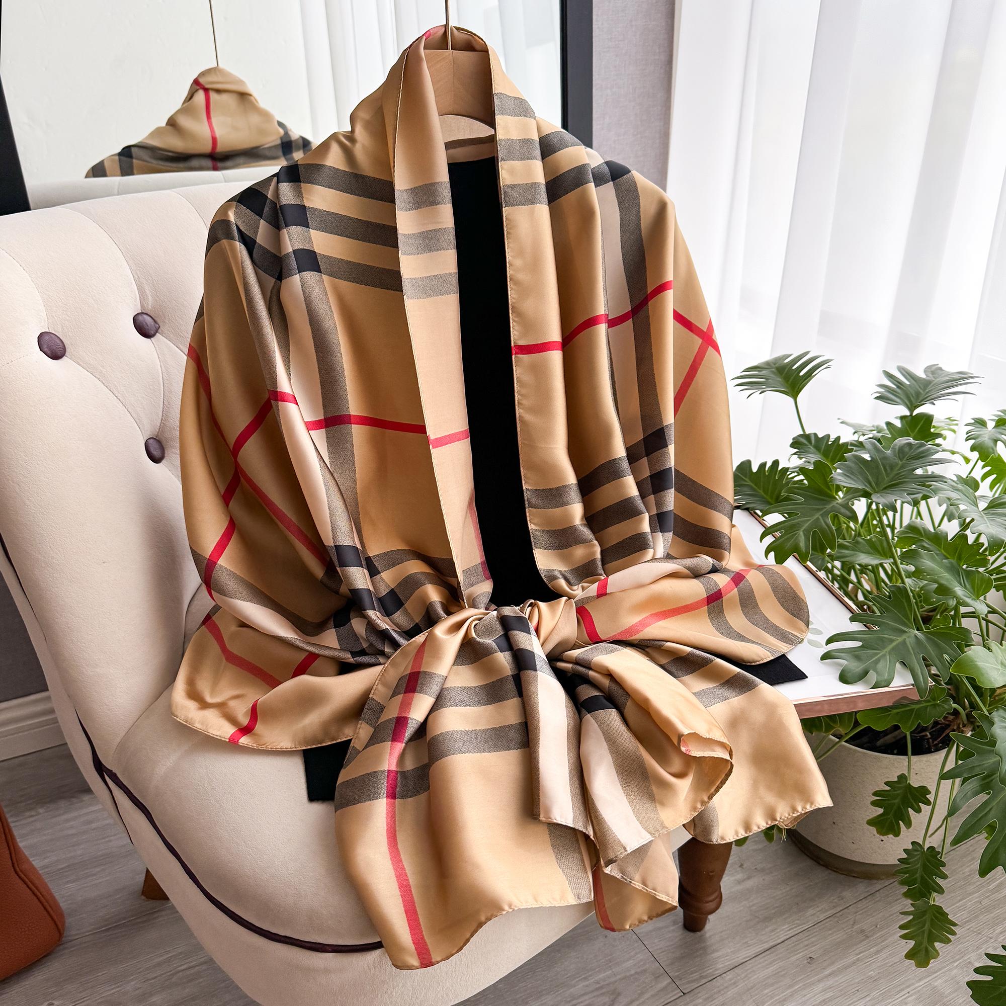Neuestes Frühjahr Hochwertiger Weicher Seidenschal Damen Elegantes Gestreifter Schal Mode Schal Strand Sonnenschutz Designerschal black