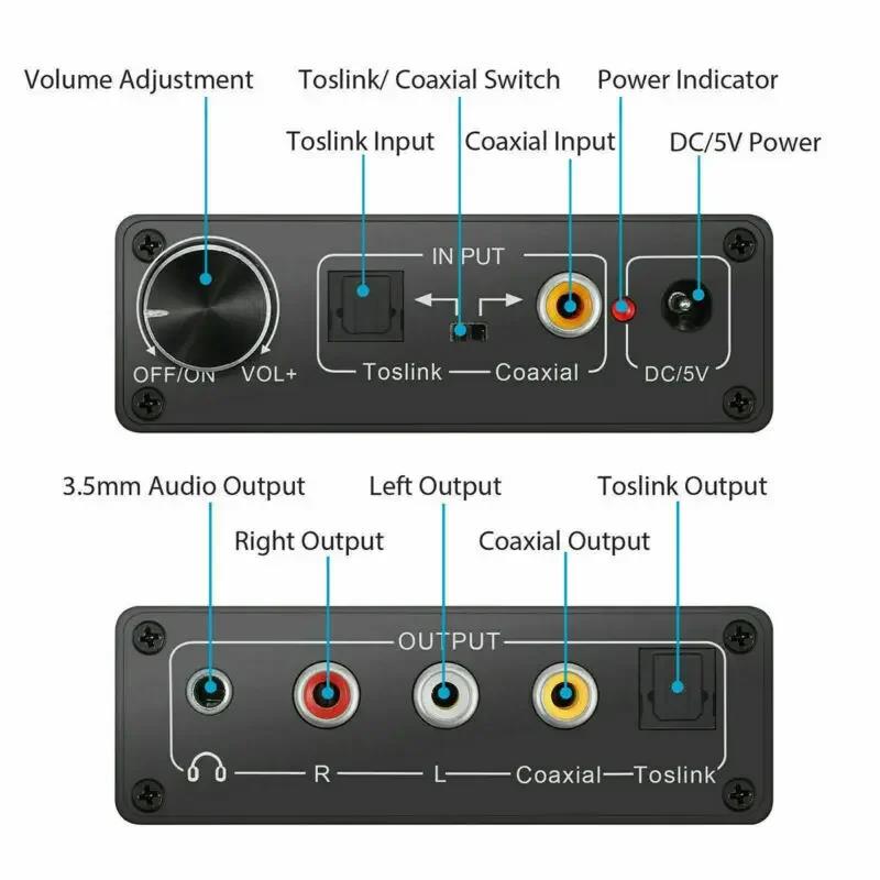 32-192KHz Hifi DAC Amp Digital To Analog Audio Converter RCA 3.5mm Jack Headphone Amplifier Toslink Optical Coaxial Output DACGood product