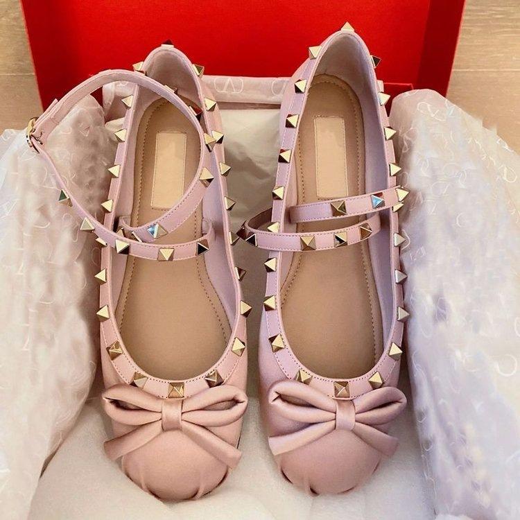 

Fairy Cross Buckle Ballet Shoes Girl 2025 Summer and Autumn New Bow Rivet Flat Bottom Light Mouth Satin Shoes 40 рожевий