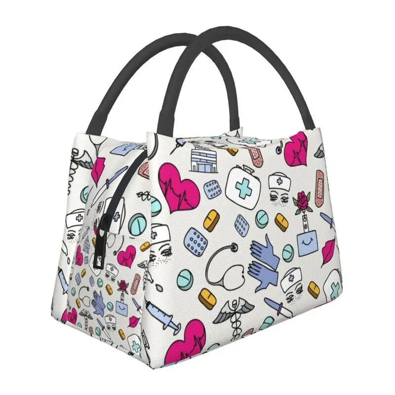 Nurse Nursing Tool Pattern Insulated Lunch Bag for Work Office Resuable Thermal Cooler Bento Box Women
