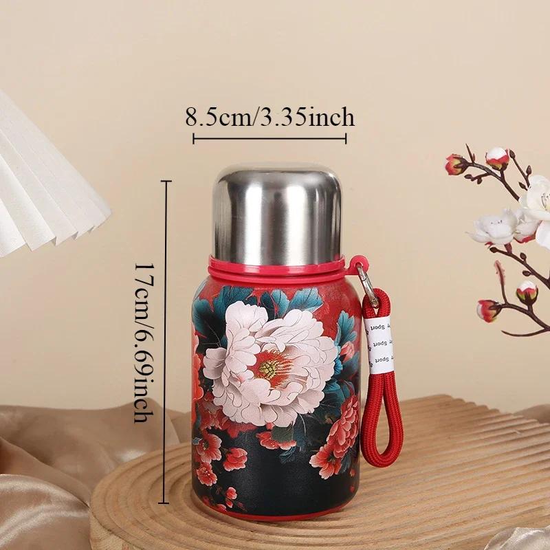 Retro and Bustling High-value Insulated Cup with Creative Rose Pattern Double-layer Water Cup Car Portable Drawstring Stew Cup