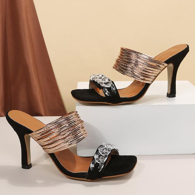 

Женские летние тапочки, новые дизайнерские туфли с открытым носком и кристаллической цепочкой, пикантные туфли на тонком каблуке для вечеринок для женщин, Zapatos Mujer 41 чёрный