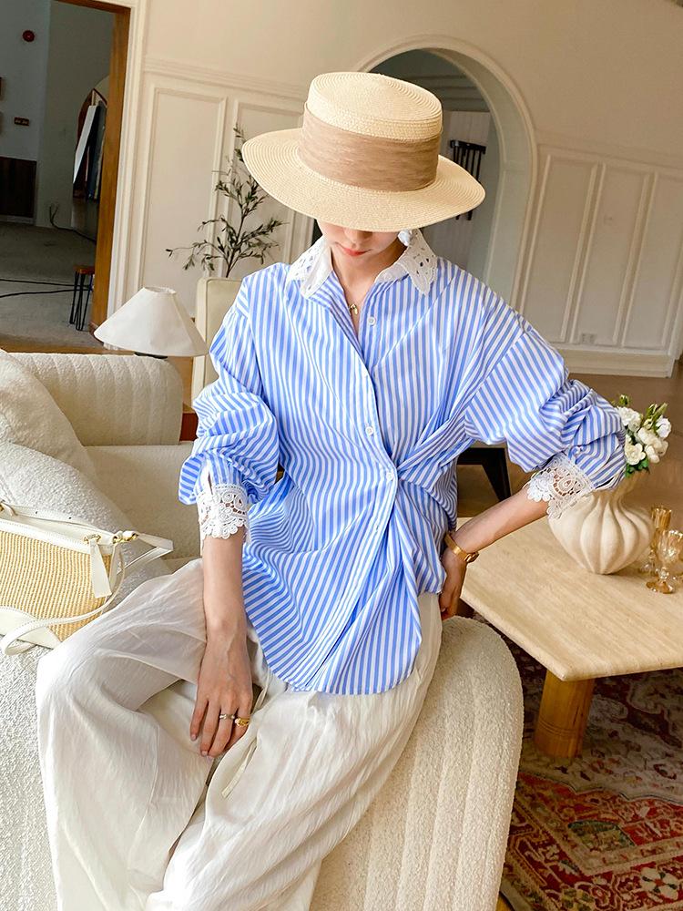 Women's Long Sleeve French Cotton Autumn Shirt - Blue & White Striped Socialite Style Top