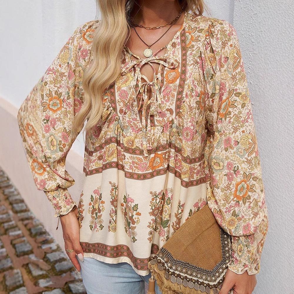 

Shiying Floral Lace V-Neck Retro Top - European & American Spring Style XL