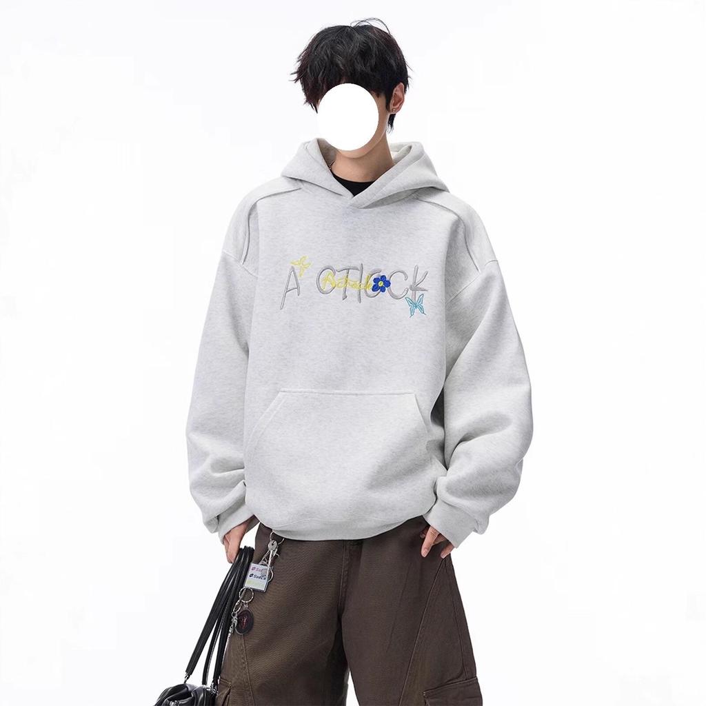 Men's Autumn/Winter American Letter Embroidered Hooded Sweatshirt - Loose Fit, Plus Velvet, Thickened Heavyweight Casual Hoodie Jacket