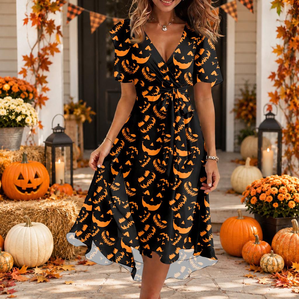 Women Casual V Neck Short Sleeve Halloween Print Dress Midi Length Relaxed Fit Lightweight Fabric Summer Dress
