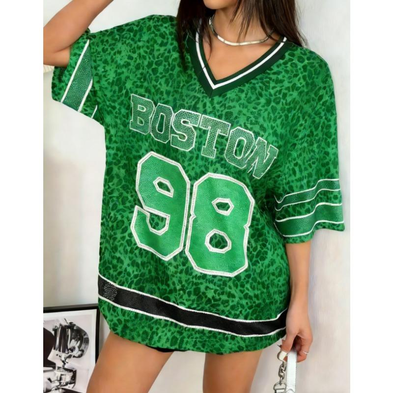 2026 Summer Women BOSTON NO.98 Print Lightweight Breathable Comfortable V-Neck Short Sleeved Baseball T-Shirt Women Jersey Tees